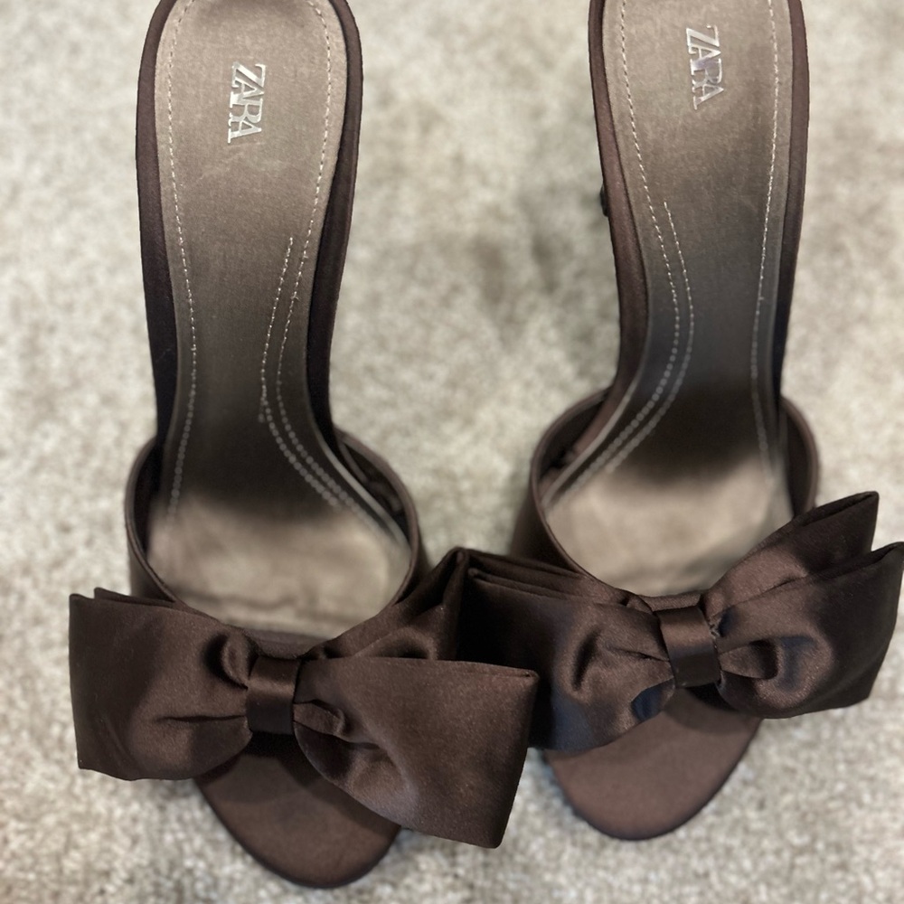 Zara Dark Brown Bow Heeled Sandals